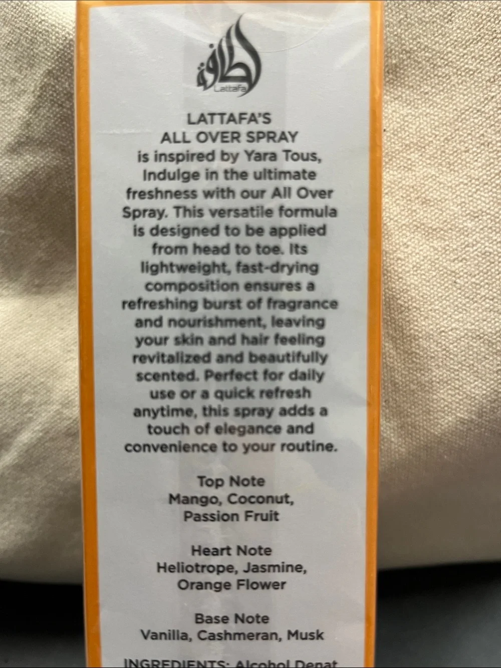 NIB Lattafa Yara Tous All Over Spray - Orange & White 150ml 5.07fl oz